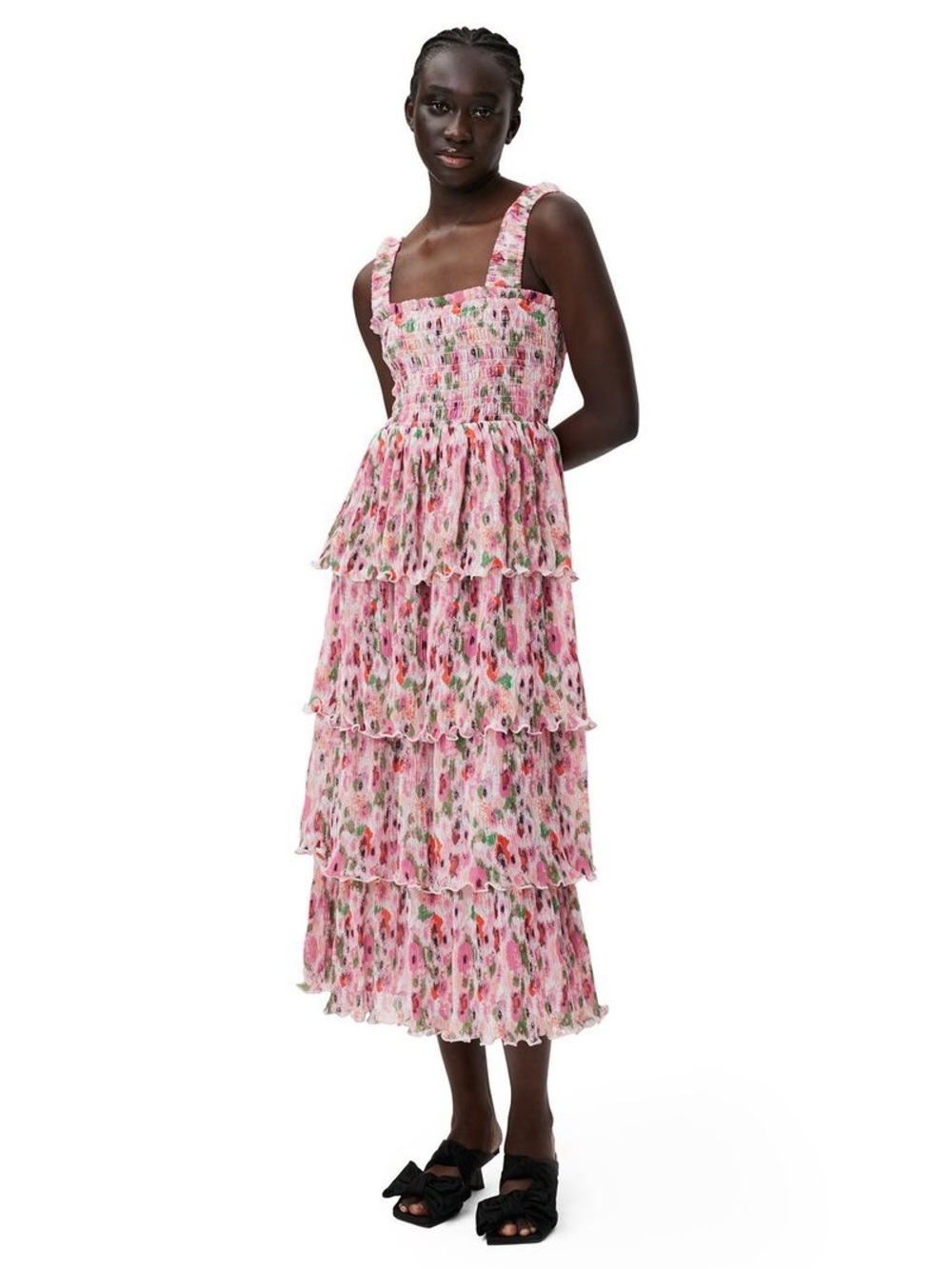 GANNI Pleated Georgette Smock Midi Dress Sugar Plum F7636 Size 40 NWT Floral